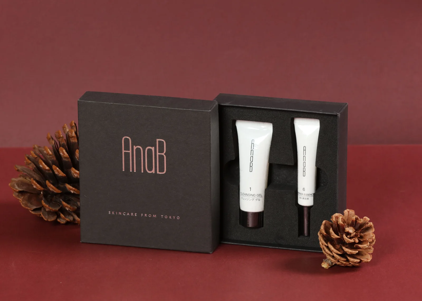 紅色枱面上打開嘅黑色 AnaB 硬盒，內托放住兩支軟管，旁邊有松果