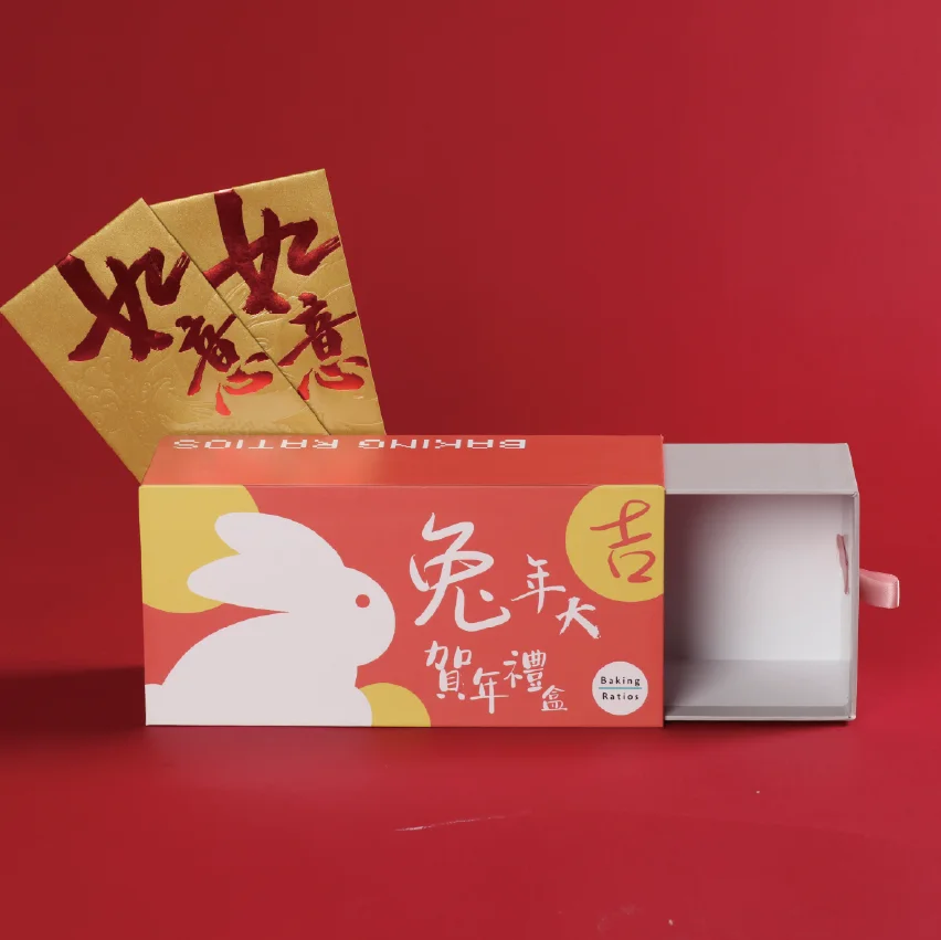 Baking Ratios 紅金兔年抽屜硬盒拉開,後面有利是封