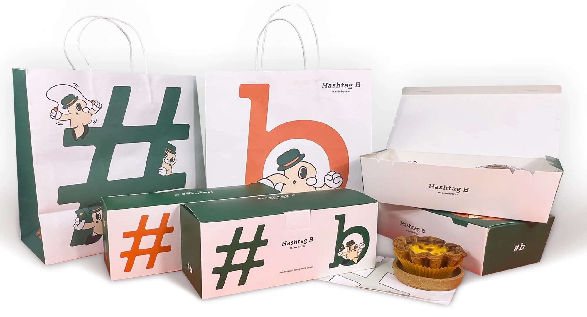 成套產品:牛皮紙袋、蛋撻摺盒同酥點盒,一套顏色系統。