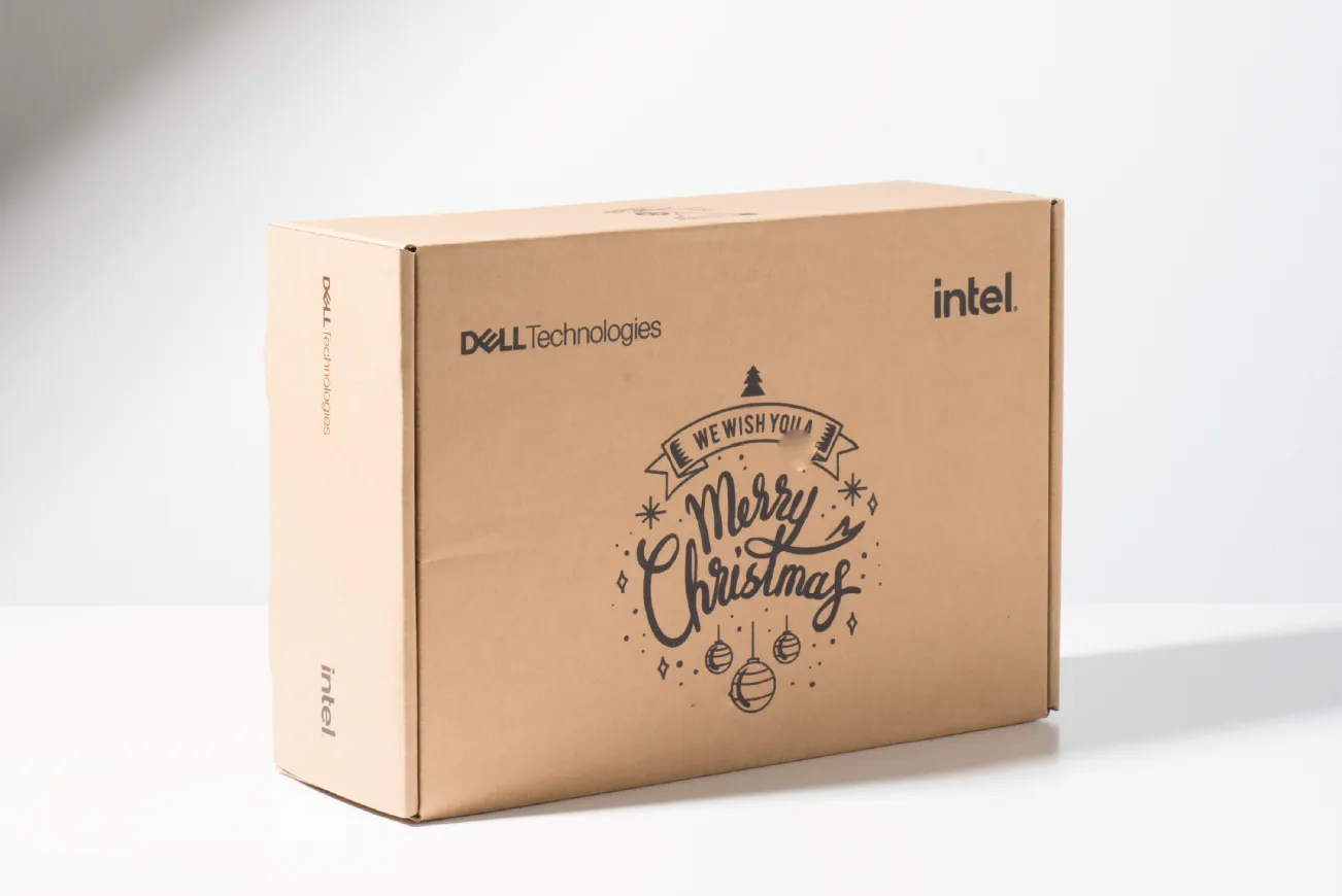 Kraft mailer at an angle showing the logos repeated on the side panel