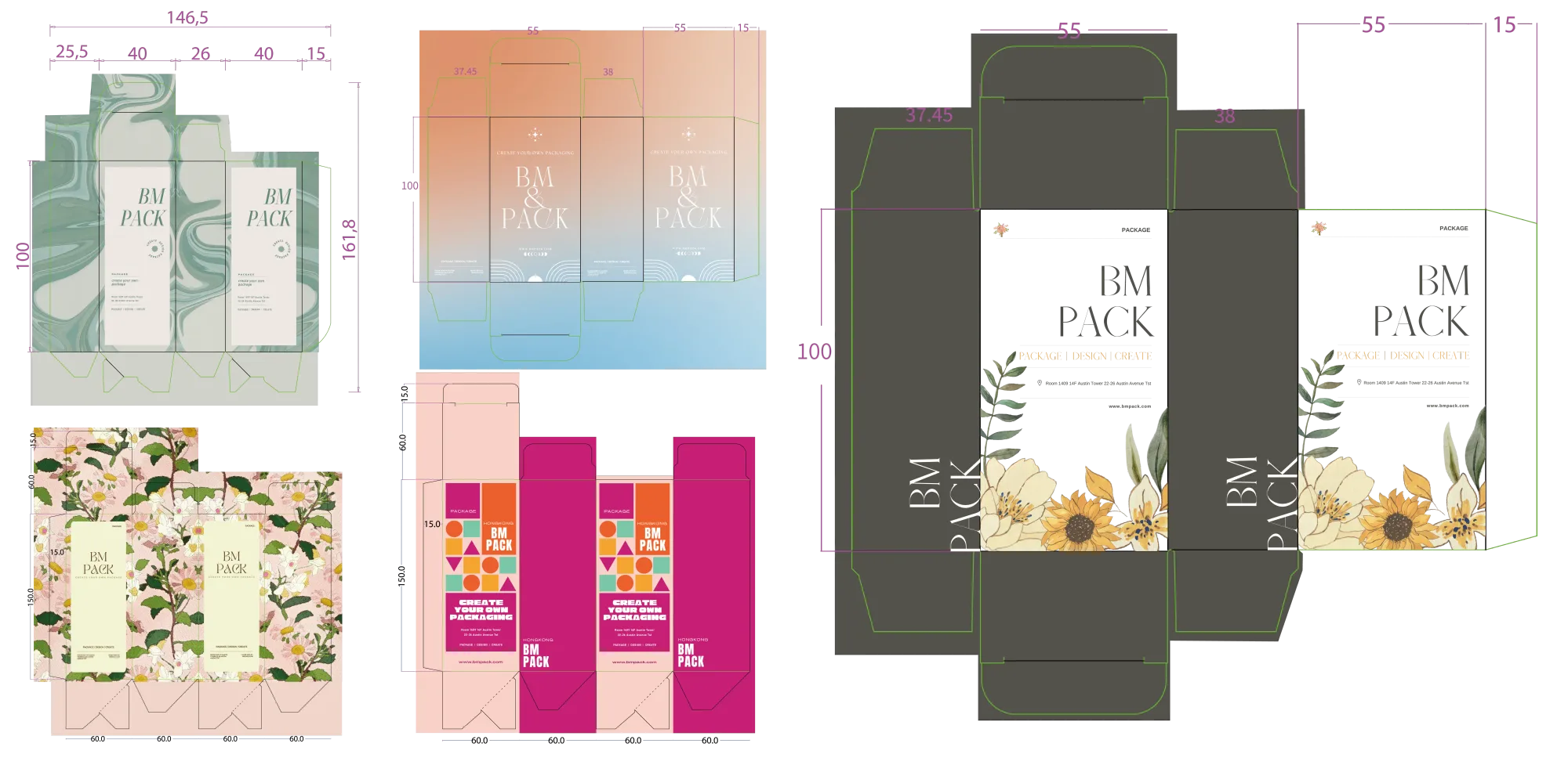 六款 BM Pack 盒型設計稿鋪喺刀模圖上